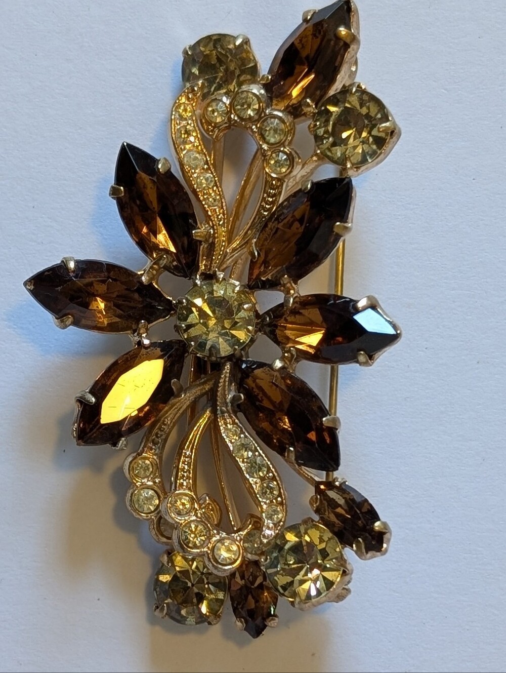 Gold Tone Smoky Topaz and Citrine Rhinestone Openwork Floral Spray Brooch Pin